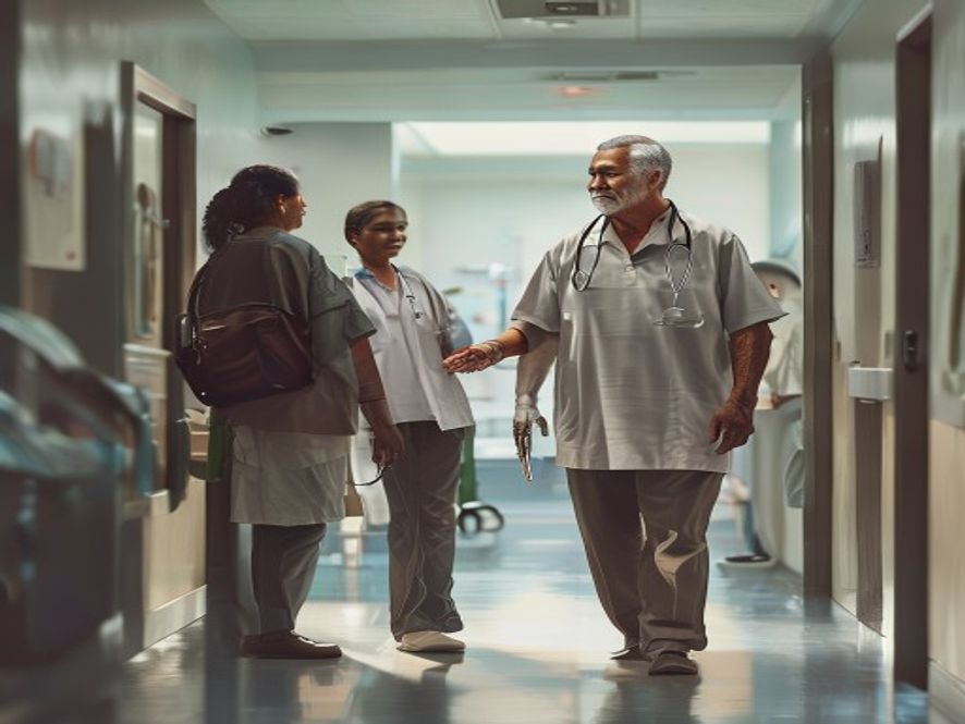 Older patient and care team in a clinic hallway for ongoing treatment
