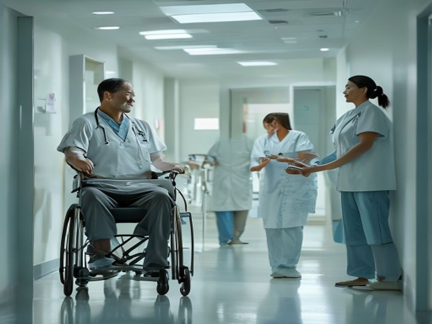 Patient in a wheelchair being supported by hospital staff after discharge