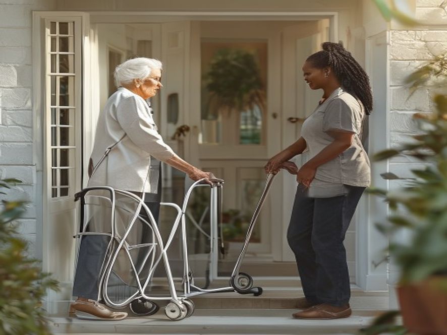 Caregiver assisting an older woman with a walker at the doorway
